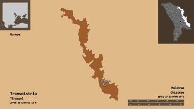 Transnistria 'nın şekli, Moldova' nın toprak birimi ve başkenti. Uzaklık ölçeği, ön gösterimler ve etiketler. Düzenli desenli dokuların bileşimi. 3B görüntüleme