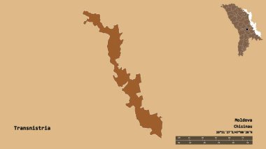 Moldova 'nın toprak birimi Transnistria' nın şekli, başkenti sağlam bir zemin üzerinde izole edilmiş. Uzaklık ölçeği, bölge önizlemesi ve etiketleri. Düzenli desenli dokuların bileşimi. 3B görüntüleme