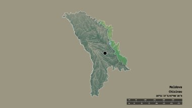 Başkenti, ana bölgesel bölünmesi ve bölünmüş Transnistria bölgesiyle Moldova 'nın dejenere edilmiş şekli. Etiketler. Topografik yardım haritası. 3B görüntüleme