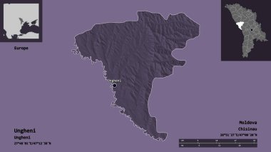 Moldova 'nın Ungheni ilçesi ve başkenti. Uzaklık ölçeği, ön gösterimler ve etiketler. Renkli yükseklik haritası. 3B görüntüleme