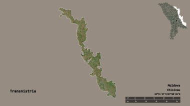 Moldova 'nın toprak birimi Transnistria' nın şekli, başkenti sağlam bir zemin üzerinde izole edilmiş. Uzaklık ölçeği, bölge önizlemesi ve etiketleri. Uydu görüntüleri. 3B görüntüleme