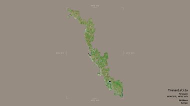 Moldova 'nın Transnistria bölgesi, bir sınır kutusunda sağlam bir arka planda izole edilmiş. Etiketler. Uydu görüntüleri. 3B görüntüleme