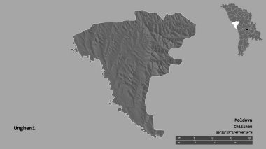 Moldova 'nın Ungheni ilçesi, başkenti sağlam arka planda izole edilmiş. Uzaklık ölçeği, bölge önizlemesi ve etiketleri. Çift seviyeli yükseklik haritası. 3B görüntüleme