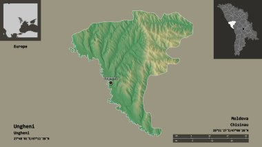 Moldova 'nın Ungheni ilçesi ve başkenti. Uzaklık ölçeği, ön gösterimler ve etiketler. Topografik yardım haritası. 3B görüntüleme