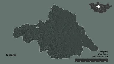 Arhangay, Moğolistan eyaleti, başkenti sağlam bir zemin üzerinde izole edilmiştir. Uzaklık ölçeği, bölge önizlemesi ve etiketleri. Renkli yükseklik haritası. 3B görüntüleme
