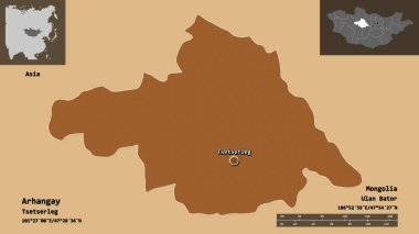Arhangay, Moğolistan ve başkenti. Uzaklık ölçeği, ön gösterimler ve etiketler. Düzenli desenli dokuların bileşimi. 3B görüntüleme
