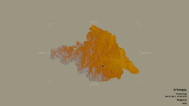 Arhangay bölgesi, Moğolistan eyaleti, jeoreferatlı bir sınır kutusunda sağlam bir arka planda izole edilmiş. Etiketler. Topografik yardım haritası. 3B görüntüleme