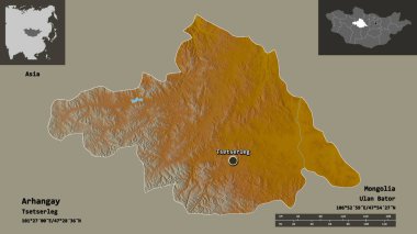 Arhangay, Moğolistan ve başkenti. Uzaklık ölçeği, ön gösterimler ve etiketler. Topografik yardım haritası. 3B görüntüleme