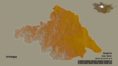 Arhangay, Moğolistan eyaleti, başkenti sağlam bir zemin üzerinde izole edilmiştir. Uzaklık ölçeği, bölge önizlemesi ve etiketleri. Topografik yardım haritası. 3B görüntüleme
