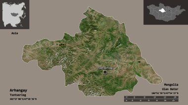 Arhangay, Moğolistan ve başkenti. Uzaklık ölçeği, ön gösterimler ve etiketler. Uydu görüntüleri. 3B görüntüleme