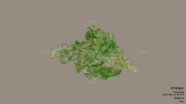 Arhangay bölgesi, Moğolistan eyaleti, jeoreferatlı bir sınır kutusunda sağlam bir arka planda izole edilmiş. Etiketler. Uydu görüntüleri. 3B görüntüleme