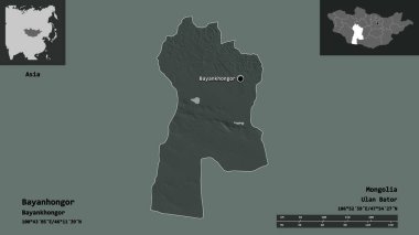 Bayanhongor 'un şekli, Moğolistan ili ve başkenti. Uzaklık ölçeği, ön gösterimler ve etiketler. Renkli yükseklik haritası. 3B görüntüleme