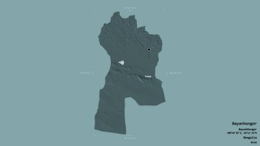 Moğolistan 'ın Bayanhongor bölgesi, katı bir arka planda bir sınır kutusunda izole edilmiş. Etiketler. Renkli yükseklik haritası. 3B görüntüleme