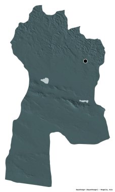 Moğolistan 'ın Bayanhongor ili, başkenti beyaz arka planda izole edilmiştir. Renkli yükseklik haritası. 3B görüntüleme