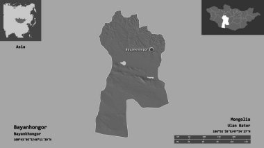 Bayanhongor 'un şekli, Moğolistan ili ve başkenti. Uzaklık ölçeği, ön gösterimler ve etiketler. Çift seviyeli yükseklik haritası. 3B görüntüleme
