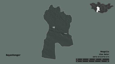 Moğolistan 'ın Bayanhongor şehrinin başkenti sağlam bir zemin üzerinde izole edilmiştir. Uzaklık ölçeği, bölge önizlemesi ve etiketleri. Renkli yükseklik haritası. 3B görüntüleme