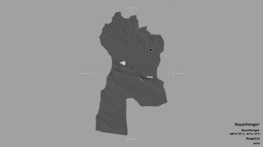 Moğolistan 'ın Bayanhongor bölgesi, katı bir arka planda bir sınır kutusunda izole edilmiş. Etiketler. Çift seviyeli yükseklik haritası. 3B görüntüleme