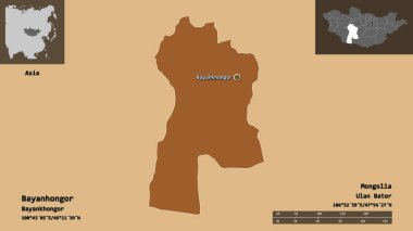 Bayanhongor 'un şekli, Moğolistan ili ve başkenti. Uzaklık ölçeği, ön gösterimler ve etiketler. Düzenli desenli dokuların bileşimi. 3B görüntüleme