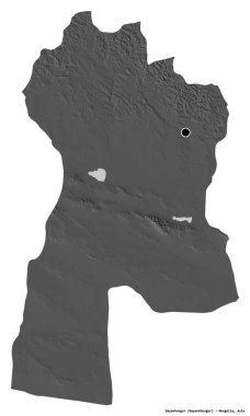 Moğolistan 'ın Bayanhongor ili, başkenti beyaz arka planda izole edilmiştir. Çift seviyeli yükseklik haritası. 3B görüntüleme