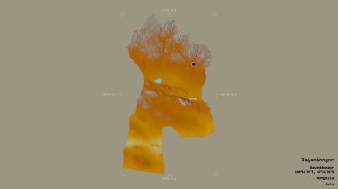 Moğolistan 'ın Bayanhongor bölgesi, katı bir arka planda bir sınır kutusunda izole edilmiş. Etiketler. Topografik yardım haritası. 3B görüntüleme