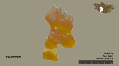 Moğolistan 'ın Bayanhongor şehrinin başkenti sağlam bir zemin üzerinde izole edilmiştir. Uzaklık ölçeği, bölge önizlemesi ve etiketleri. Topografik yardım haritası. 3B görüntüleme