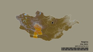 Başkenti, ana bölgesel bölünmesi ve ayrılmış Bayanhongor bölgesiyle birlikte Moğolistan 'ın deforme edilmiş şekli. Etiketler. Topografik yardım haritası. 3B görüntüleme