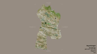 Moğolistan 'ın Bayanhongor bölgesi, katı bir arka planda bir sınır kutusunda izole edilmiş. Etiketler. Uydu görüntüleri. 3B görüntüleme