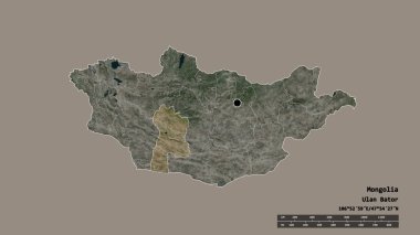 Başkenti, ana bölgesel bölünmesi ve ayrılmış Bayanhongor bölgesiyle birlikte Moğolistan 'ın deforme edilmiş şekli. Etiketler. Uydu görüntüleri. 3B görüntüleme
