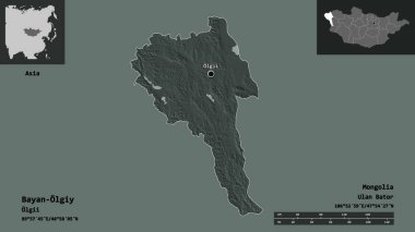 Moğolistan ve başkenti Bayan Olgiy 'nin şeklidir. Uzaklık ölçeği, ön gösterimler ve etiketler. Renkli yükseklik haritası. 3B görüntüleme