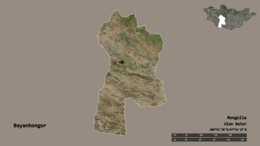 Moğolistan 'ın Bayanhongor şehrinin başkenti sağlam bir zemin üzerinde izole edilmiştir. Uzaklık ölçeği, bölge önizlemesi ve etiketleri. Uydu görüntüleri. 3B görüntüleme