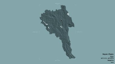 Moğolistan 'ın Bayan-Olgiy bölgesinde, katı bir arka planda izole edilmiş bir sınır kutusunda. Etiketler. Renkli yükseklik haritası. 3B görüntüleme