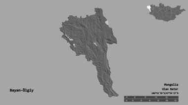 Moğolistan 'ın Bayan-Olgiy' nin şekli, başkenti sağlam bir zemin üzerinde izole edilmiş. Uzaklık ölçeği, bölge önizlemesi ve etiketleri. Çift seviyeli yükseklik haritası. 3B görüntüleme
