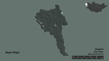 Moğolistan 'ın Bayan-Olgiy' nin şekli, başkenti sağlam bir zemin üzerinde izole edilmiş. Uzaklık ölçeği, bölge önizlemesi ve etiketleri. Renkli yükseklik haritası. 3B görüntüleme
