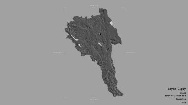 Moğolistan 'ın Bayan-Olgiy bölgesinde, katı bir arka planda izole edilmiş bir sınır kutusunda. Etiketler. Çift seviyeli yükseklik haritası. 3B görüntüleme