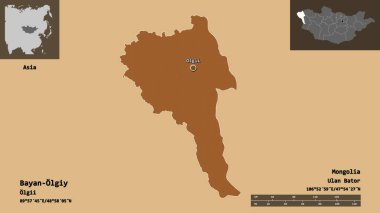 Moğolistan ve başkenti Bayan Olgiy 'nin şeklidir. Uzaklık ölçeği, ön gösterimler ve etiketler. Düzenli desenli dokuların bileşimi. 3B görüntüleme