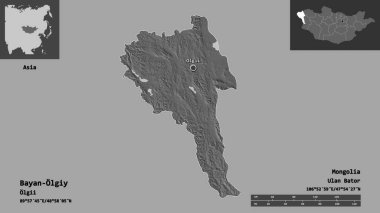 Moğolistan ve başkenti Bayan Olgiy 'nin şeklidir. Uzaklık ölçeği, ön gösterimler ve etiketler. Çift seviyeli yükseklik haritası. 3B görüntüleme