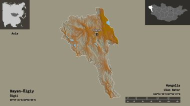 Moğolistan ve başkenti Bayan Olgiy 'nin şeklidir. Uzaklık ölçeği, ön gösterimler ve etiketler. Topografik yardım haritası. 3B görüntüleme