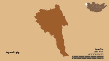 Moğolistan 'ın Bayan-Olgiy' nin şekli, başkenti sağlam bir zemin üzerinde izole edilmiş. Uzaklık ölçeği, bölge önizlemesi ve etiketleri. Düzenli desenli dokuların bileşimi. 3B görüntüleme