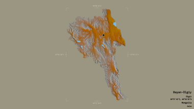 Moğolistan 'ın Bayan-Olgiy bölgesinde, katı bir arka planda izole edilmiş bir sınır kutusunda. Etiketler. Topografik yardım haritası. 3B görüntüleme