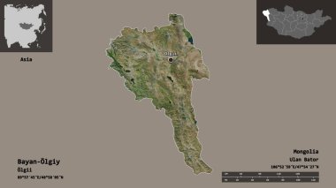 Moğolistan ve başkenti Bayan Olgiy 'nin şeklidir. Uzaklık ölçeği, ön gösterimler ve etiketler. Uydu görüntüleri. 3B görüntüleme