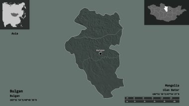Bulgan 'ın şekli, Moğolistan ili ve başkenti. Uzaklık ölçeği, ön gösterimler ve etiketler. Renkli yükseklik haritası. 3B görüntüleme