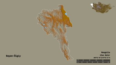 Moğolistan 'ın Bayan-Olgiy' nin şekli, başkenti sağlam bir zemin üzerinde izole edilmiş. Uzaklık ölçeği, bölge önizlemesi ve etiketleri. Topografik yardım haritası. 3B görüntüleme