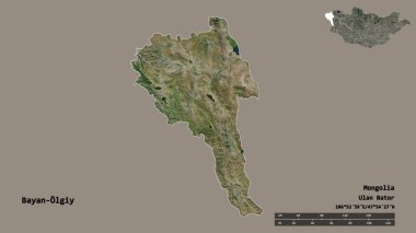 Moğolistan 'ın Bayan-Olgiy' nin şekli, başkenti sağlam bir zemin üzerinde izole edilmiş. Uzaklık ölçeği, bölge önizlemesi ve etiketleri. Uydu görüntüleri. 3B görüntüleme
