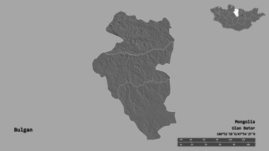 Moğolistan 'ın Bulgan şehrinin başkenti sağlam bir zemin üzerinde izole edilmiştir. Uzaklık ölçeği, bölge önizlemesi ve etiketleri. Çift seviyeli yükseklik haritası. 3B görüntüleme