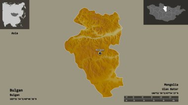Bulgan 'ın şekli, Moğolistan ili ve başkenti. Uzaklık ölçeği, ön gösterimler ve etiketler. Topografik yardım haritası. 3B görüntüleme