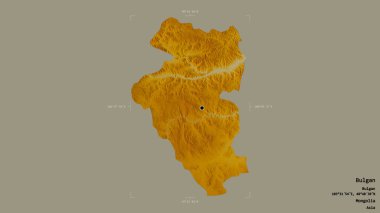 Bulgan bölgesi, Moğolistan bölgesi, jeoreferatlı bir sınır kutusunun sağlam bir arka planında izole edilmiş. Etiketler. Topografik yardım haritası. 3B görüntüleme