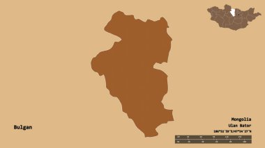 Moğolistan 'ın Bulgan şehrinin başkenti sağlam bir zemin üzerinde izole edilmiştir. Uzaklık ölçeği, bölge önizlemesi ve etiketleri. Düzenli desenli dokuların bileşimi. 3B görüntüleme