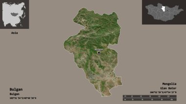 Bulgan 'ın şekli, Moğolistan ili ve başkenti. Uzaklık ölçeği, ön gösterimler ve etiketler. Uydu görüntüleri. 3B görüntüleme