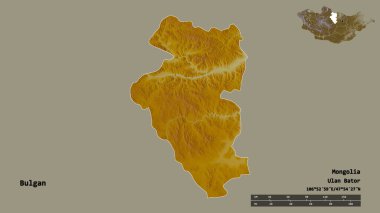 Moğolistan 'ın Bulgan şehrinin başkenti sağlam bir zemin üzerinde izole edilmiştir. Uzaklık ölçeği, bölge önizlemesi ve etiketleri. Topografik yardım haritası. 3B görüntüleme