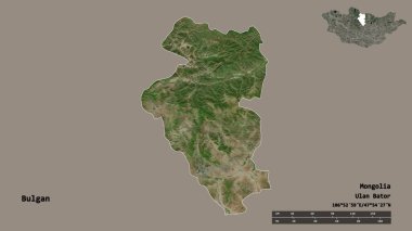 Moğolistan 'ın Bulgan şehrinin başkenti sağlam bir zemin üzerinde izole edilmiştir. Uzaklık ölçeği, bölge önizlemesi ve etiketleri. Uydu görüntüleri. 3B görüntüleme